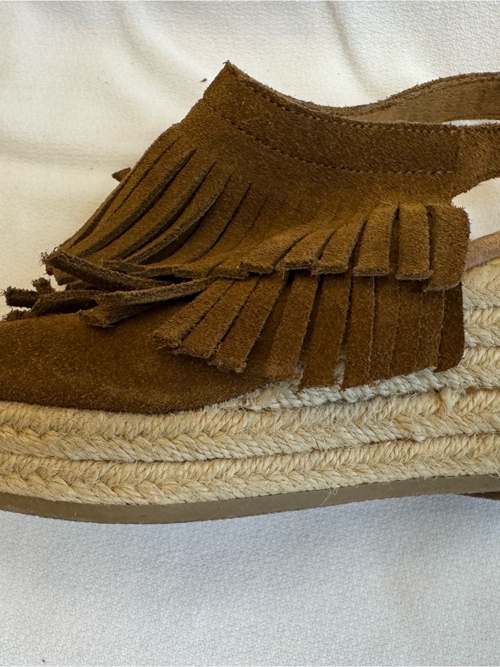 Minnetonka Ashley Suede Fringe Wedge Sandals 8 Brown Boho Espadrille Slingback - Picture 6 of 12